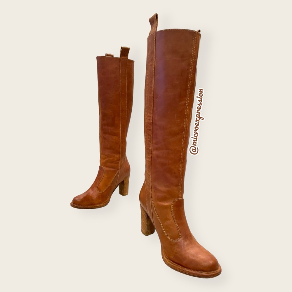 $399 Frye Villager Pull On Knee High Cognac Leather Tall Heeled Distressed Boot - Picture 7 of 15